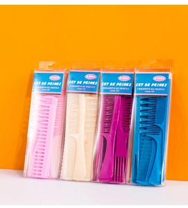 8-piece professional hair comb set in pink, beige, purple, and blue displayed on white platform