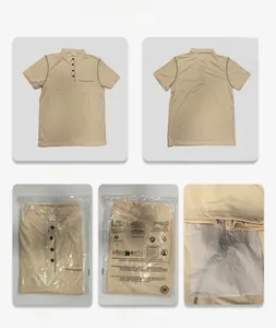 Detail view of beige polo shirt showing contrast stitching, chest pocket and button placket