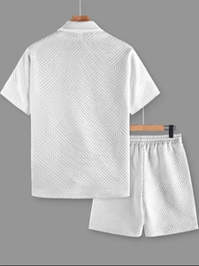 Rear view of men's white short sleeve shirt set with textured geometric weave pattern