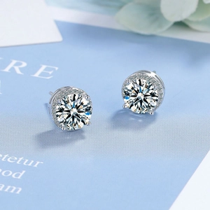 Elegant 2 carat round-cut zircon stud earrings with silver plating for women