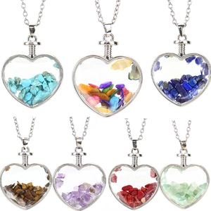 Heart Shape Wishing Bottle Pendant Necklace With Crushed Natural Stone Glass Alloy Chain For Women Natural Style