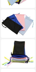 Macro view of multi-color microfiber drawstring pouches for glasses and phone storage