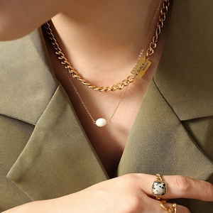 French style double-layer gold chain necklace with pearl and engraved rectangular pendant