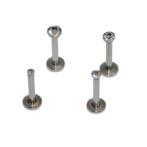 Set of four silver stainless steel labret studs with sparkling crystal rhinestones