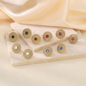 Retro Round Sunburst Stud Earrings Stainless Steel Full Rhinestone Inlaid Elegant Ethnic Style Jewelry For Women