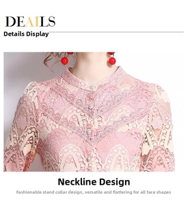 Gros plan du col en dentelle rose avec broderie fine et détails de boutons