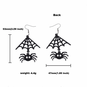 Halloween black acrylic spider web earrings showing front back view and size dimensions