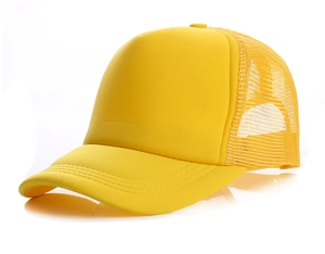 Detail view of a bright yellow trucker hat with mesh back and adjustable snapback closure