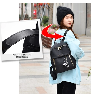 Detail showing reinforced shoulder strap stitching on a black nylon casual backpack