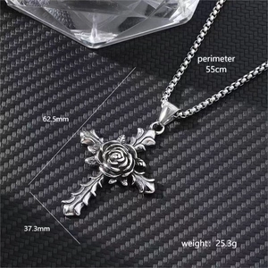 Hip hop silver cross necklace with a rose pendant on a 55cm long box chain