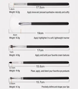 Detailed view of 5 makeup brushes with black matte handles and silver ferrules
