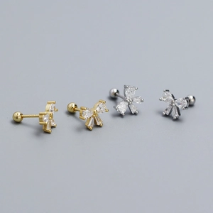 S925 silver bow stud earrings with sparkling cubic zirconia in gold and silver