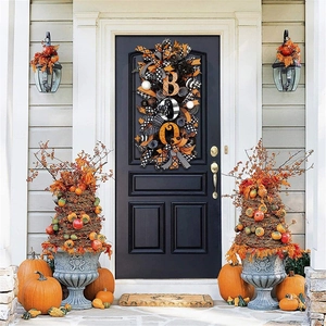 Halloween Front Door Wreath Hanging Swag Boo Sign Spooky Ribbon Mesh Spiders Ornament Party Home Decoration