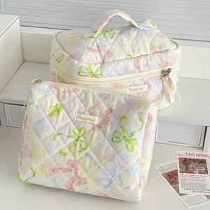 Quilted butterfly cosmetic bag set with purple macaron colors and floral pattern