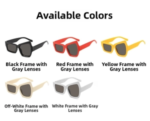 Vue détaillée de lunettes de soleil irrégulières tendance en cinq coloris avec verres gris