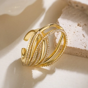 Irregular geometric 18K gold plated multi-layer ring with sparkling zircon stones