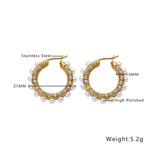 Detailed specs of 21mm gold pearl earrings in stainless steel with high polished finish