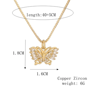 Detailed size specifications for the gold butterfly pendant necklace in copper and zircon