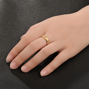 Detailed close-up of a matte gold double-layered titanium steel ring worn on a hand
