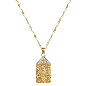 Gold-plated stainless steel necklace with Mary portrait pendant and zircon cross detail