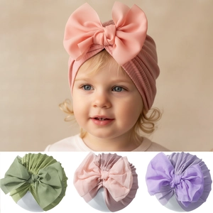 Baby Turban Hat Ribbed Knit Headwrap With Large Chiffon Bow Soft Elastic Headband For Newborn Infant Toddler Girls