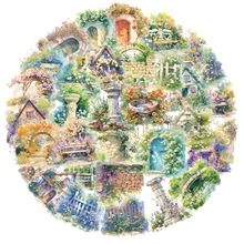Detailed watercolor circular stickers featuring European garden scenes and floral arches