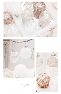 Detail of 8cm transparent Christmas balls with white pearl and rose gold woven patterns