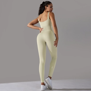 Close-up of seamless ribbed fabric and backless design on the fitness jumpsuit