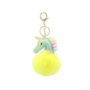 Glitter PU leather unicorn keychain with lace detail and vibrant yellow fluffy fur ball