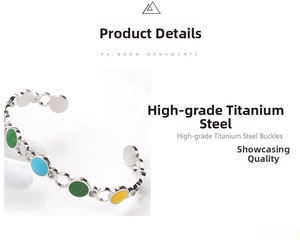 Detail of titanium steel C-shape bracelet with colorful enamel rings and inlaid crystals