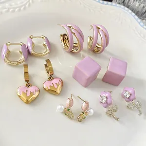 Boucles Oreilles émail Fleur Coeur Cuivre Plaqué Or Véritable Avec Zircon Et Tige En Argent Bijoux Doux Pour Femmes