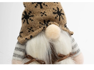 Close-up of knit gnome hat with snowflake pattern and long faux fur beard detail