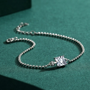 Elegant S925 sterling silver beaded bracelet with square cubic zirconia stone