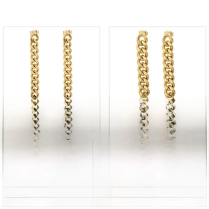Detailed view of gold stainless steel Cuban link drop earrings with size and weight specs