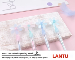 Detail of four colorful non-sharpening pencils with cute floral and windmill toppers
