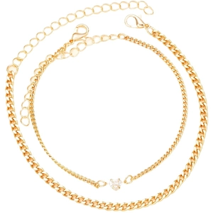 Two-piece gold stainless steel anklet set with heart zircon pendant on cuban chain