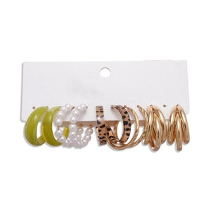 10-piece set of pearl and leopard print hoop earrings in green resin and gold finish