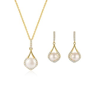 Elegant gold plated S925 silver jewelry set with teardrop pearls and cubic zirconia