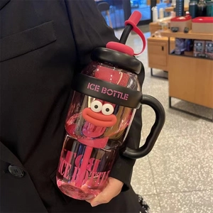 Pink large capacity water bottle with funny cartoon eyes and big red mouth with straw