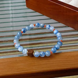 Beaded Bracelet Natural Kyanite Sandalwood Square Wood Bead Elastic Wristband New Chinese Style Elegant Accessory Women Men