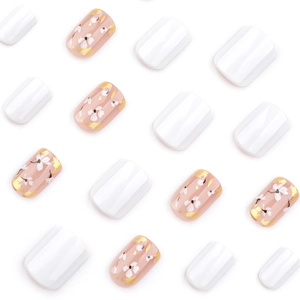 Short square white flower press-on nails with elegant gold foil accents on a white base