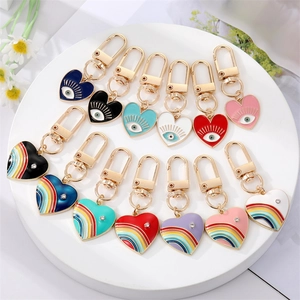 Heart Alloy Enamel Rhinestone Evil Eye Rainbow Keychain Pendant Gold Tone Colorful Charm Bag Backpack Decor Accessory