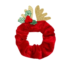 Chouchou de Noël en velours rouge avec bois de renne dorés et détails de clochettes