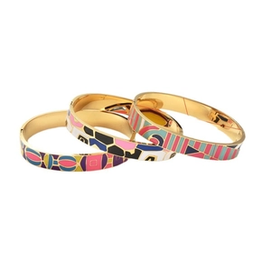 Three-piece set of golden stainless steel enamel bangles with geometric patterns