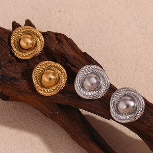 Retro round 18K gold plated stainless steel twisted rope border button stud earrings