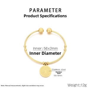 Detail of gold stainless steel open bangle with cross pendant and product parameters