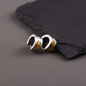 Hip hop titanium steel wide hoop earrings with yellow enamel inlay on black rock