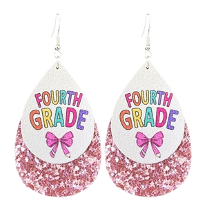 Faux leather double layer teardrop earrings with pink glitter and Fourth Grade design
