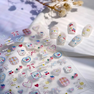 Embossed rabbit nail stickers with pink hearts and strawberries for cute manicure DIY