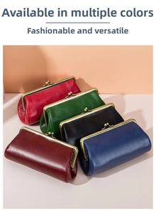 Close-up of vintage metal clasp closures on genuine leather clutches in five colors